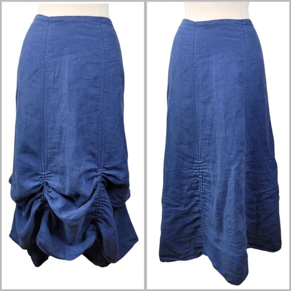 Cut Loose Long Linen Midi Skirt Medium Blue Lagenlook Ruched Drawstring Bunched - Picture 1 of 13